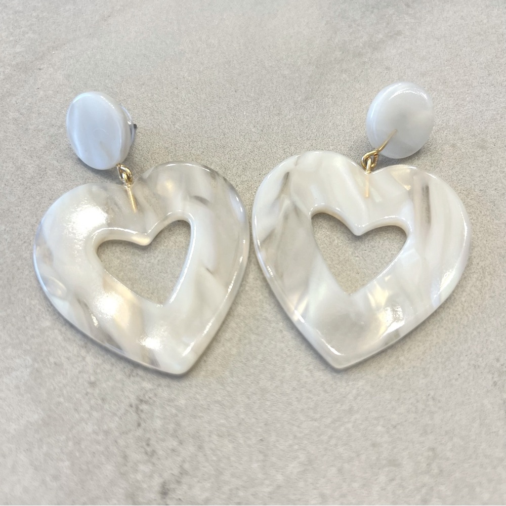 Drop Heart Earrings for Valentines Day, White Marbled Acetate‎ - Picture 2 of 7